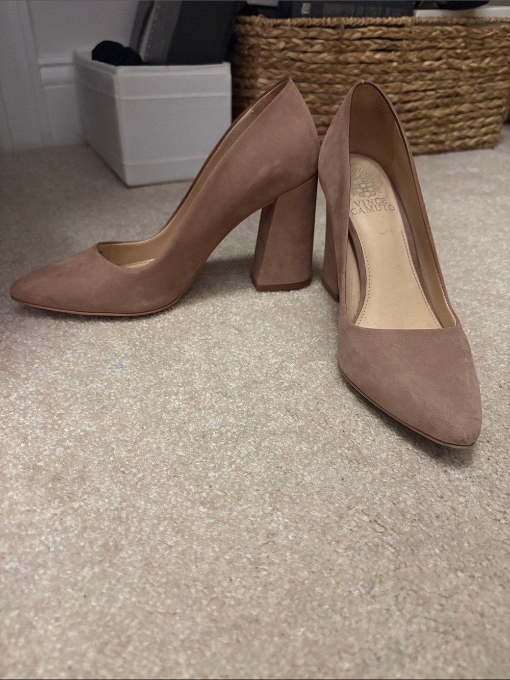 Vince Camuto Blush Tan Suede Pointed-Toe Block Heel Pumps